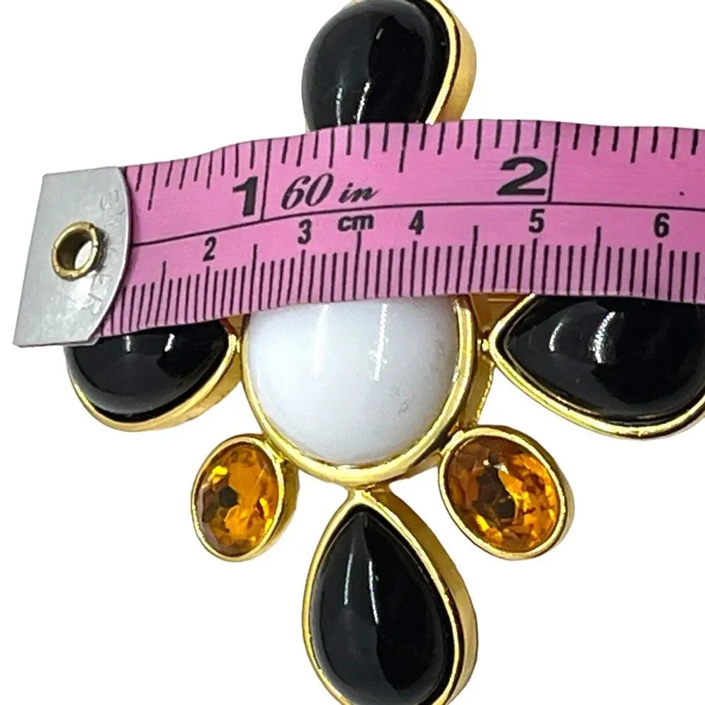Joan Rivers Maltese Cross Brooch Pin Signed Large Black Faux Amber & Pearl Gems